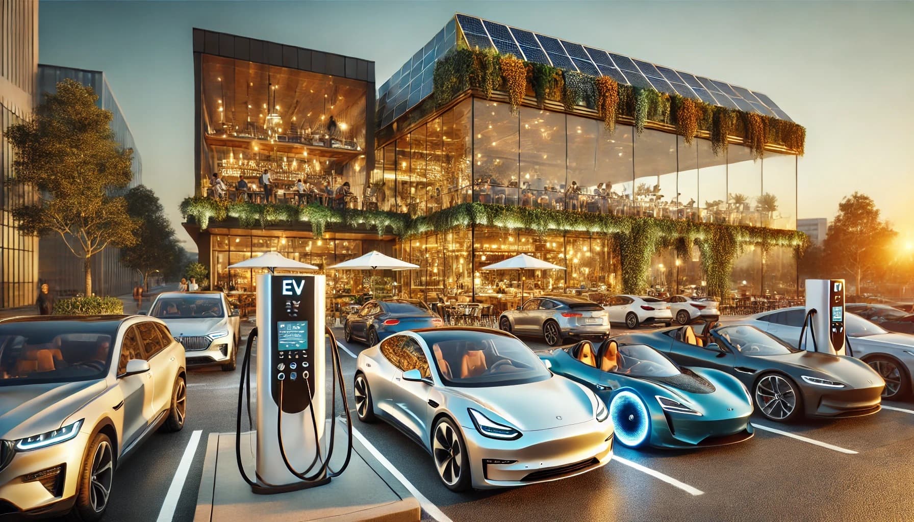 EV chargers in a warm-lit California parking lot